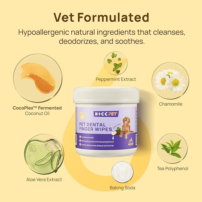 HICC PET Teeth Cleaning Wipes for Dogs & Cats, Remove Bad Breath by Removing Plaque and Tartar Buildup, Disposable Dog Finger Toothbrush Gentle Pet Dental Care Wipes, 50 Counts, (Mint Scent)