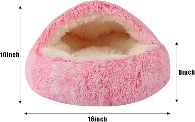 Round Hooded Cat Bed & Dog Bed with Cover Cave, Dog Bed for Small Dogs, Faux Fur Cuddler Round Coved Cat Bed Self Warming Donut Dog Bed Fits up to 5 lbs Pets (Pink, 16inch x 16inch)