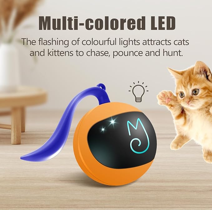 Migipaws Interactive Cat Ball Toy Set, Fun Tracker, Automatic Rolling Chase Ball with Fluffy Tail, A Small Mice, Rechargeable(Orange)