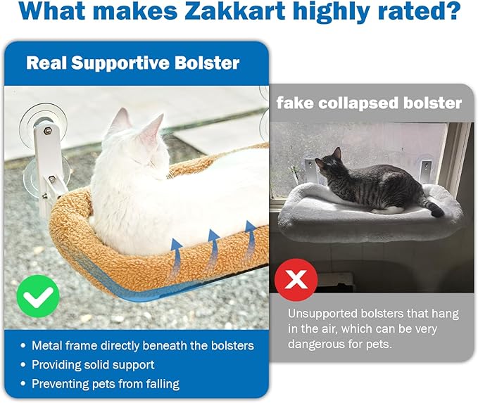 Foldable Cat Hammock for Window - Cordless, Machine Washable Bed, Robust Metal Frame & ABS Brackets - Cat Window Perch for Large Cats and Kitten (Brown Bolster Bed, Large)