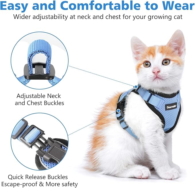 Dooradar Cat Harness and Leash Set, Escape Proof Safe Adjustable Kitten Vest Harnesses for Walking, Easy Control Soft Breathable Mesh Jacket with Reflective Strips for Cats, Light Blue, S