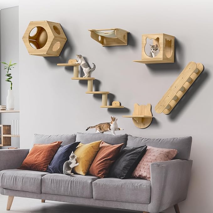 Cat Wall Shelves Furniture for Climbing - Cat House Wall Mounted - Indoor Wooden Floating Cat Furniture - Different Models Including Shelves, Perches, Hammock, Bed, Bridges, Walkways