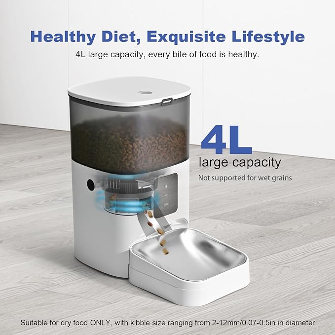 WiFi Automatic Cat Feeder, 4L Food Dispenser with 10s Voice Recorder, Pet Feeder up to 10 Meals per Day, Timed Cat Feeder with Dry Food Sealed Ring (White, 4L-WiFi)