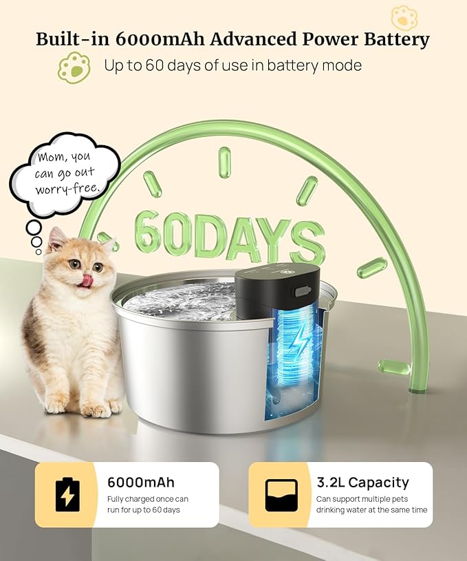 Wireless Cat Water Fountain Stainless Steel, 2025 Upgraded New Sensor - 3 Work Modes, 6000mAh Battery Operated Cat Water Fountain Cordless, Pet Water Dispenser for Cats Dogs Indoor - 108oz/3.2L