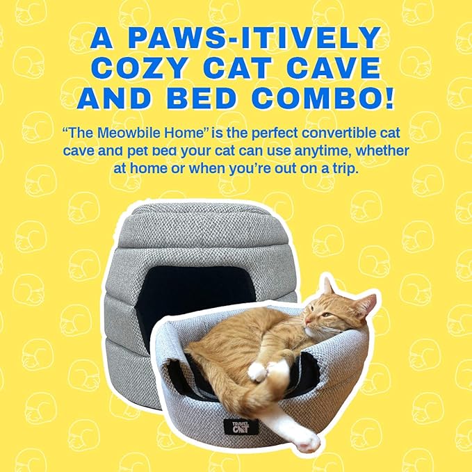 Travel Cat Meowbile Indoor Cat House - 25x18x17 inches Premium Convertible and Durable Hideaway Cat Bed and Cave - Soft Gray Collapsible and Easy to Clean, Padded, Comfortable and Cozy Cat Bed Cave