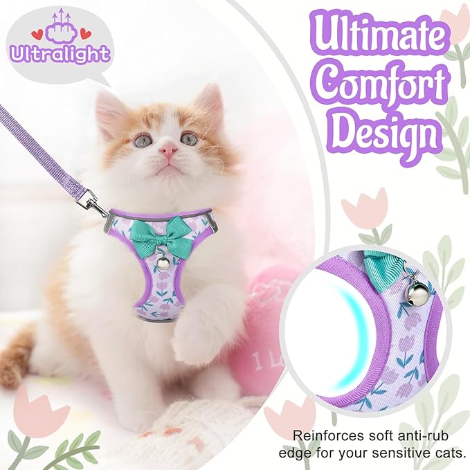 Cat Harness and Leash Escape Proof for Walking, Adjustable Soft Kitten Harness with Reflective Straps Step in Cat Vest Harness for Small Kitten and XS Dogs (Purple, M-Chest(14.5"-16.3"))