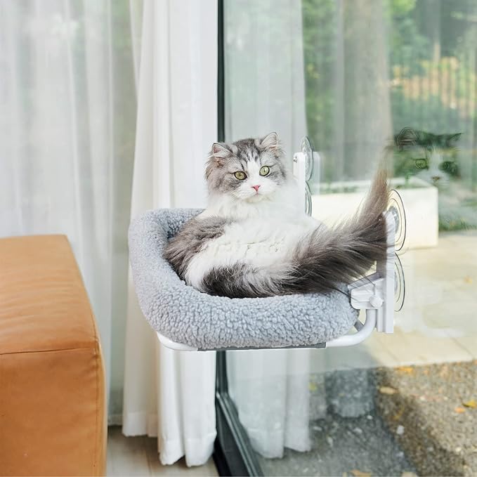 Foldable Cat Hammock for Window - Cordless, Embeded Machine Washable Bed, Robust Metal Frame - Cat Window Perch for Large Cats and Kittens (Gray Bolster Bed, Large)