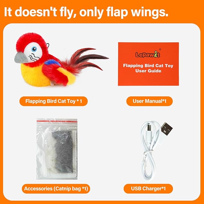 Cat Toys for Indoor Cats, Flapping Bird Cat Toy, Electric Simulated Chirping Bird Interactive Cat Toy with Flappy Wings, Rechargeable Touch Activated Cat Toys with Catnip and Feather - Red