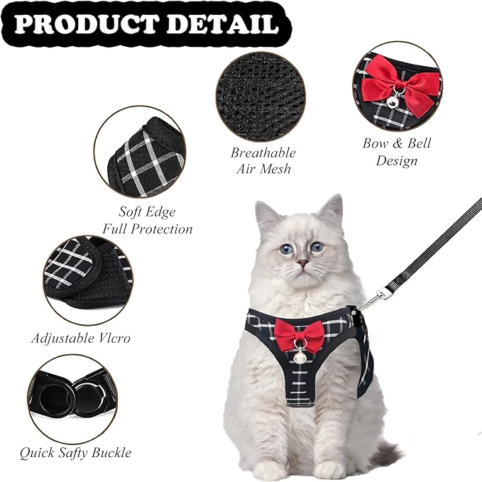 Cat Leash and Harness Set,Breathable Dog Harness,Pet Harness,Adjustable Mesh cat Harness and Leash Escape Proof for Puppy Cat Rabbit (Black, XXS)
