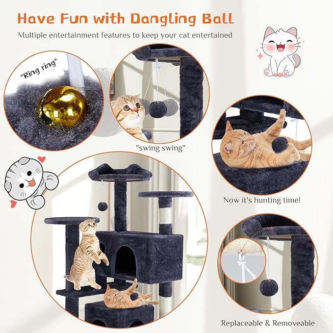 Sweetcrispy 54-Inch Cat Tree Tower – Multi-Level Cat Tower with Sisal Scratching Post, Perfect Cat Gift, Indoor Cat Tree with Condo, Climbing Ladder, Plush Toy, and More Cat Stuff,Grey