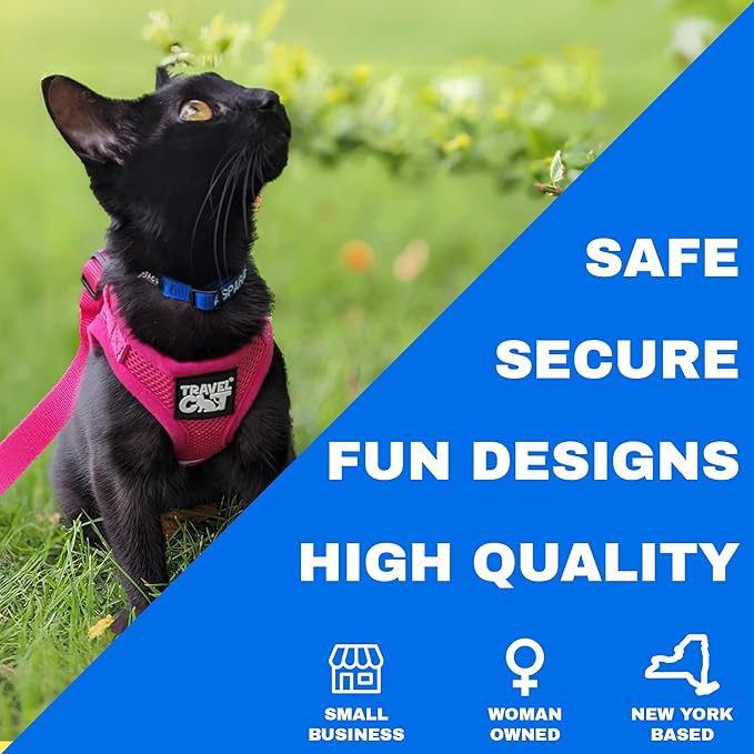 Travel Cat The Purrfectly Pink Harness & Leash Set - Adjustable Fit Mesh Cat Harness with Reflective Strap - Escape-Proof Harness for Cats, Kittens for Outdoor Walking, Hiking (Medium)