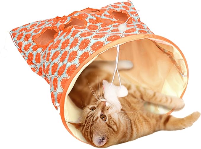 SYCOOVEN Cat Tunnel Bag for Indoor Cats, Pet Collapsible Tunnel Crinkle Sack Bag with 1 Little Mouse & Toy Ball, Crinkle Paper Interactive Cat Toys Hide and Seek(Orange Pattern)