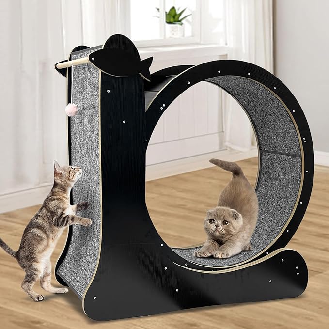 Upgraded 2 in 1 Cat Exercise Wheel,39.4" High Indoor Cat Running Wheel with Cat Scratcher, Cat Treadmill, TPE Silent Wheel, Wooden Cat Sport Exercise Wheel, Black