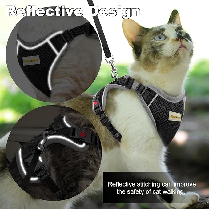 Cat Harness and Leash for Walking, Retractable Cat Harnesses and Leash Set Escape Proof, Breathable Soft Kitten Harness Small Large Cat Harness for Travel Training and Walking, Black, XS