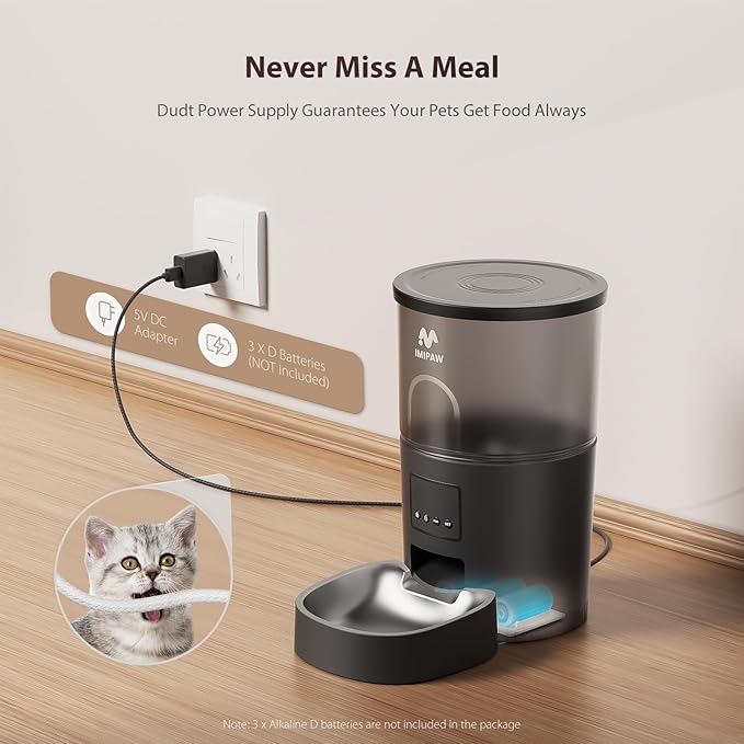 Automatic Cat Food Dispenser, WiFi Cat Feeder with APP Remote Control for Dry Pet Food, Programmable Timer, Dual Power Supply, Slow Feeder for Cats & Small Dogs
