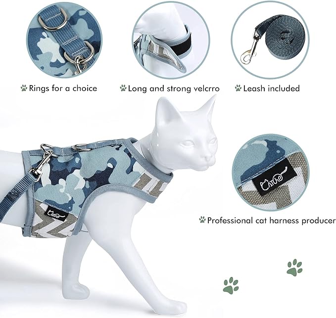 Cat Harness and Leash for Walking Escape Proof, Adjustable Cat Vest Harness, Padded Stylish Cat Walking Jackets, Grey Camo, Small