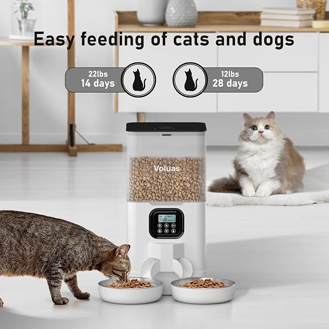 Voluas Automatic Cat Feeder for Two Cats, Double Pet Feeder with 2 Stainless Steel Bowls,6L Timed Cat Feeder with Memory Function, Pet Food Dish
