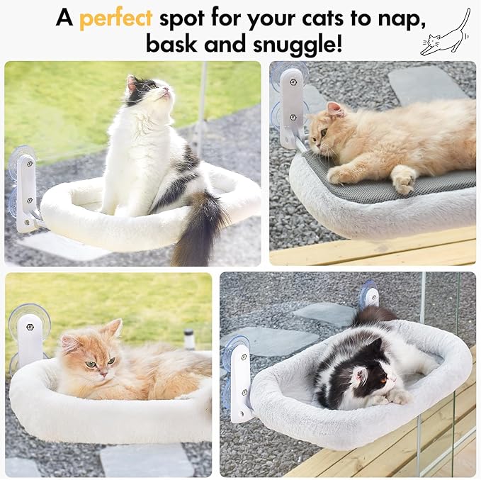 Cat Window Perch, Cordless Cat Hammock Window Seat with Cozy Pad Bed Cover for Indoor Cats, Durable Metal Frame Support Cat Bed with 4 Suction Cups for Large Cats (Cushion Pad Bed - Grey)
