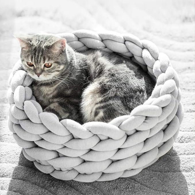 Lucky Monet Cat Basket Bed Cotton Knitted Round Pet Beds for Cats Cute Boho Cat Pet Bed Warm Woven Cat Nest for Puppy Kitten Cats Dogs (15.7", Light Gray)
