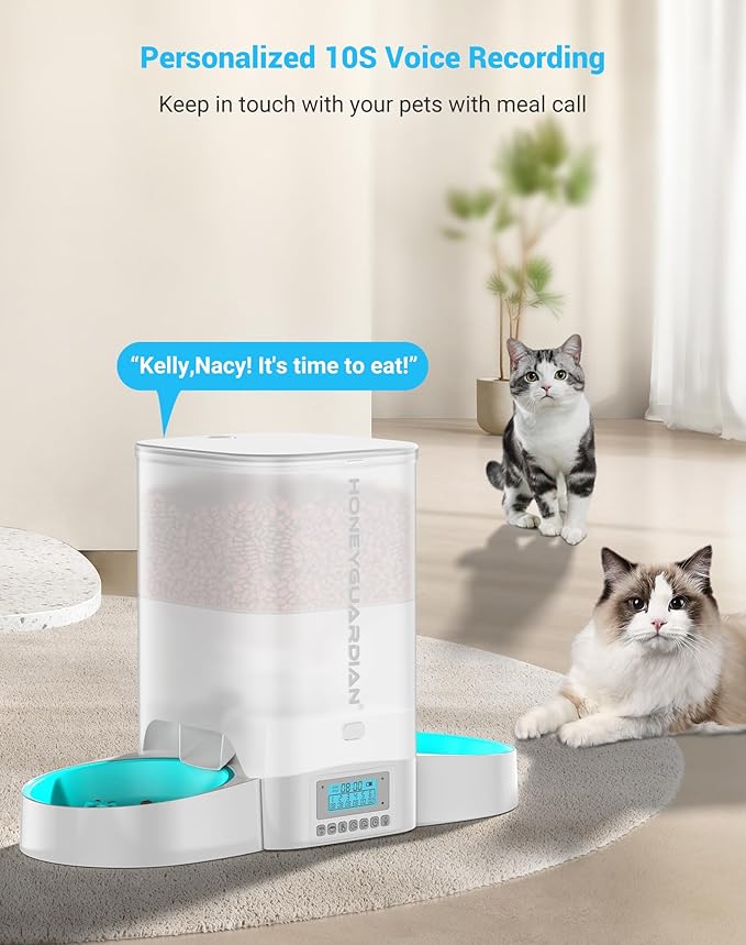 HoneyGuaridan Automatic Cat Feeder for Two Cats,3.5L Cat Food Dispenser with Slow Bowl,Timed Feeder Programmable 1-6 Meals Control, Dual Power Supply,Desiccant Bag,10s Meal Call White