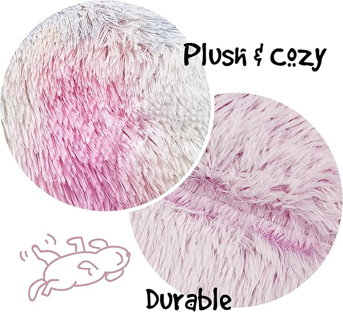 Friends Forever Donut Dog Bed Faux Fur Fluffy Calming Sofa For Large Dogs, Soft & Plush Anti Anxiety Pet Couch For Dogs, Machine Washable Coco Pet Bed with Non-Slip Bottom, 36"x36"x8" Rainbow