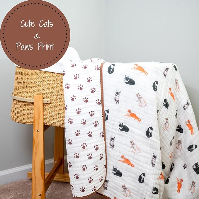 LollyBanks Muslin Baby Blanket 100% Cotton, Muslin Quilt Lightweight, 6 Layers Baby Blankets 47"x 47", Toddler Blanket for Boy and Girl, Nursery Receiving Blankets Baby Essentials (Cats Print)