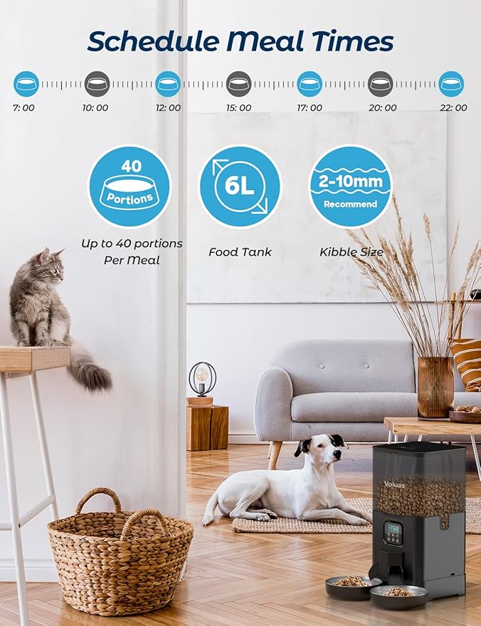 Voluas Automatic Cat Feeder for Two Cats, Double Pet Feeder with 2 Stainless Steel Bowls,6L Timed Cat Feeder with Memory Function, Pet Food Dish