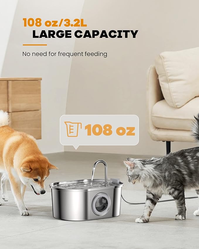 Cat Water Fountain Stainless Steel: 108oz/3.2L pet Water Fountain - Water Fountain for Cats Inside with Water Level Window - Faucet cat Fountain - Quiet Pump - for Dogs and Cats - SOOFPET