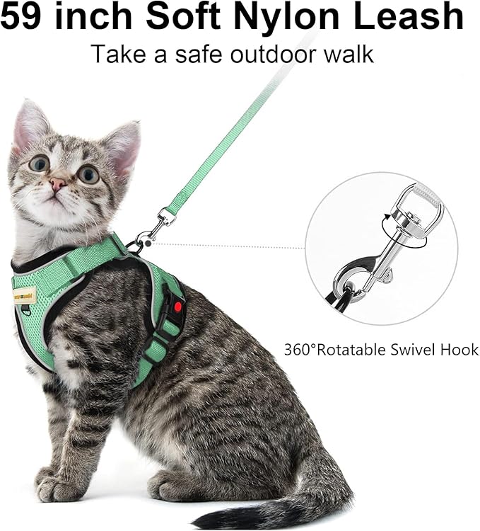 Cat Harness and Leash for Walking, Retractable Cat Harnesses and Leash Set Escape Proof, Breathable Soft Kitten Harness Small Large Cat Harness for Travel Training and Walking, Green, S