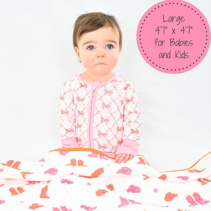LollyBanks Muslin Baby Blanket 100% Cotton, Muslin Quilt Lightweight, Western Girl Muslin Blanket, 6 Layers Baby Blankets 47"x 47", Soft Nursery Receiving Blankets Baby Essentials (Pink Boot)