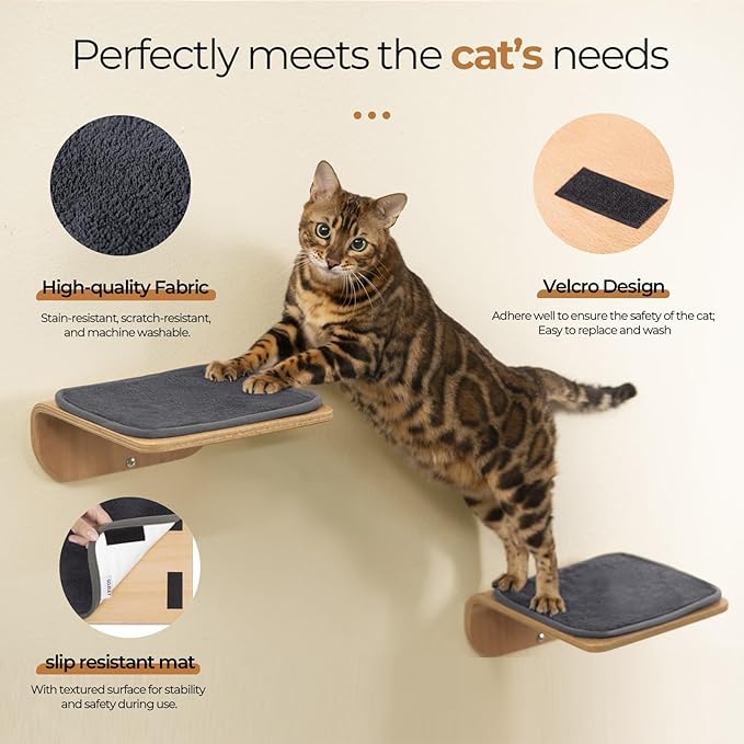 Cat Shelves, Cat Wall Steps and Perch, Cat nest, Wooden Floating Cat Climbing Furniture for Hopping and Sleeping, with Scratching Cushion(Steps)