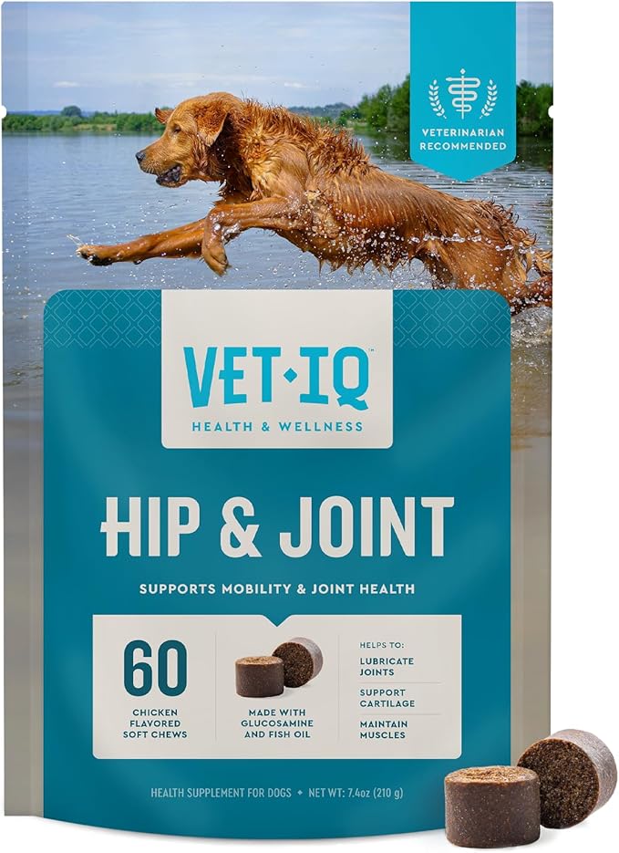 VetIQ Glucosamine Hip & Joint Supplement for Dogs, 60 Soft Chews, Dog Joint Support Supplement with MSM and Krill, Dog Health Supplies Large & Small Breed, Chicken Flavored Chewables
