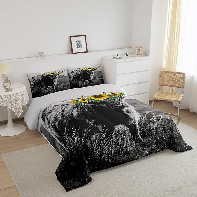 Highland Cow Comforter Set Queen Size for Adult Women Sunflower Cow Print Down Comforter Farmhouse Wild Animal Cows with Gray Fur Quilted Duvet Decor 3 Pcs Bedding ,1 Duvet Cover + 2 Pillowcases