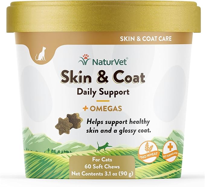 NaturVet – Skin & Coat Plus Omegas for Cats – 60 Soft Chews | Supports Healthy Skin & Glossy Coat | Enhanced with Omega-3, Omega-6 & Biotin | 30 Day Supply