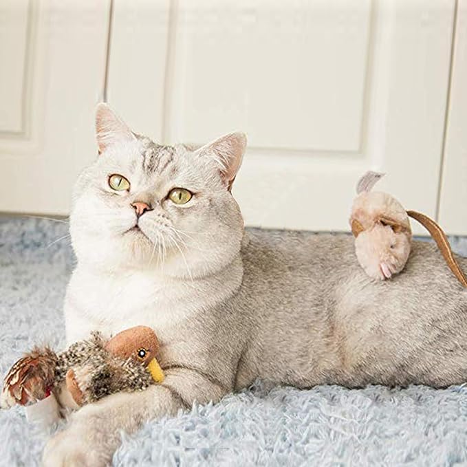 Gigwi Automatic Cat Toys Pack, Interactive Cat Toys Electronic Squeaky Animals Bird and Mouse, Plush Toys for Cats to Play Alone, Play and Squeak Cat Toys for Indoor Cats Boredom, 2 Pcs