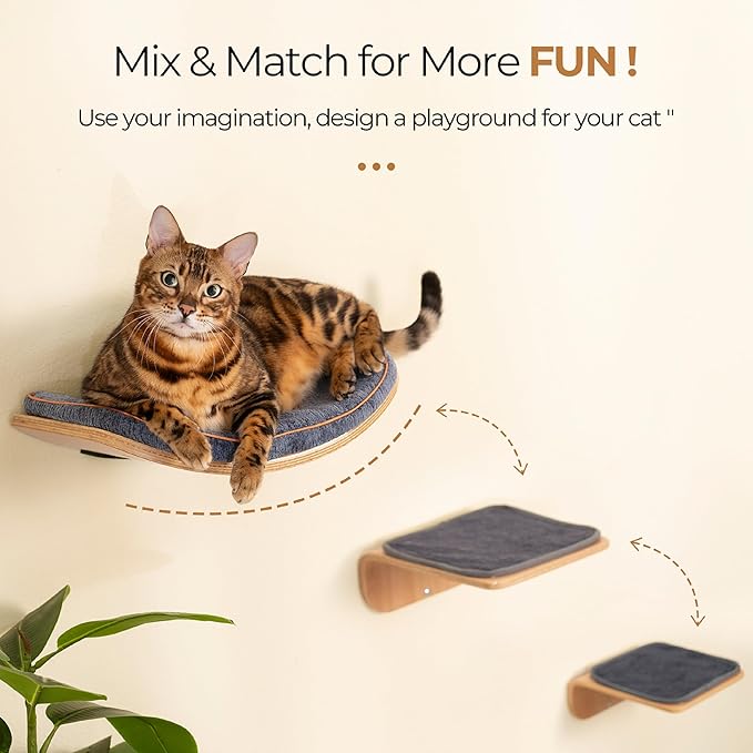 Cat Shelves, Cat Wall Steps and Perch, Cat nest, Wooden Floating Cat Climbing Furniture for Hopping and Sleeping, with Scratching Cushion(Steps)
