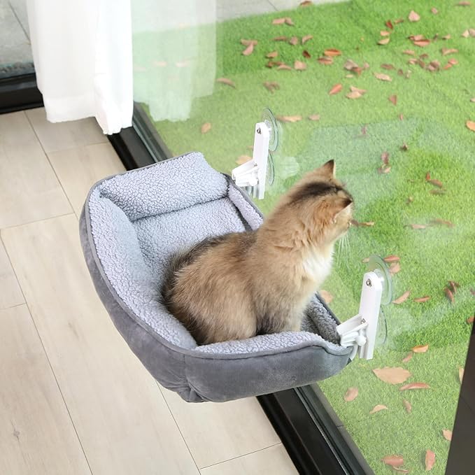 Foldable Cat Hammock for Window with Bolster - Cordless, Fold-Up, Three-Side Bolstered Machine Washable Fluffy Bed, Robust Metal Frame - Cat Window Perch for Large Cats and Kittens - Gray
