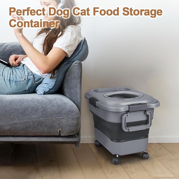 Dog Food Storage Container,10-20 lbs Airtight Collapsible Cat Food Storage Container with Attachable Wheels, Portable Handle, Dog Food Scoop for Dog Cat Bird Pet Dry Food Storage Bin Medium Pack of 2