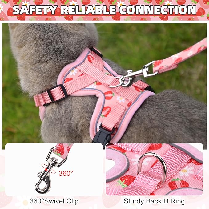 KOOLTAIL Cat Harness and Leash Set, Escape Proof for Safe Walking & Travel, Reflective Comfortable Easy Control Adjustable Kitten Harness for Boys&Girls Small Medium Large Cats Strawberry S