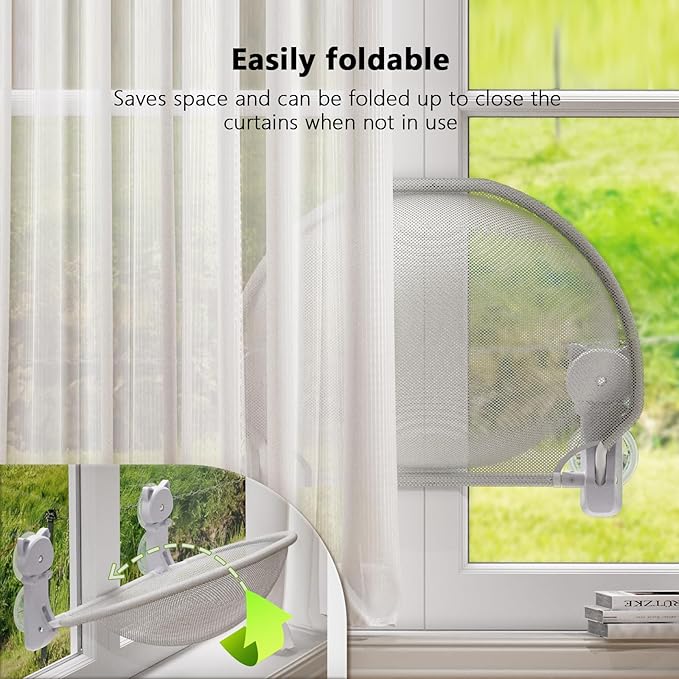 Cat Window Perch Cordless, Foldable & Stable Cat Beds- Breathable Cat Window Hammock for Overlooking, Sunbathing and Climbing - Maximum Hold Up to 40lb(Gray,Mesh)