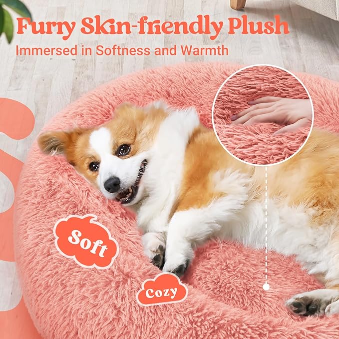 rabbitgoo Calming Dog Bed for Small Medium Dog, 30 inches Pet Bed Machine Washable, Non-Slip Round Fluffy Plush Faux Fur Large Cat Bed, Soft Donut Cuddler Cushion for Small Dog, Pink