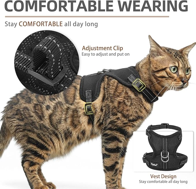 PUPTECK Cat Harness and Leash Set Escape Proof, Reflective Adjustable Soft Mesh Kitten Vest Harness for Walking Travel, Black, M
