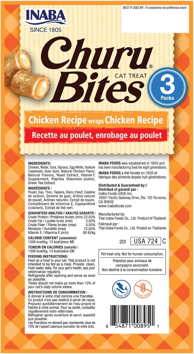 INABA Churu Bites for Cats, Soft Baked Chicken Churu Filled Cat Treats with Green Tea Extract, 0.35 Ounces Each Tube, 18 Tubes Total (3 per Pack), Chicken Recipe