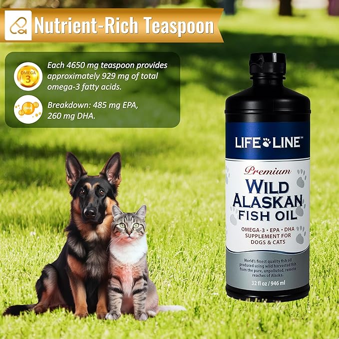 Life Line Pet Nutrition Wild Alaskan Fish Oil Omega-3 Supplement for Skin & Coat – Supports Brain, Eye & Heart Health in Dogs & Cats, 32oz