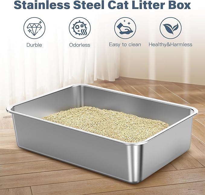1Pack 23.6" x 16" x 6" Deep&Extra Large Stainless Steel Cat Litter Box, High Sides Metal Cat Litter Box for Multi-Cats Big Cats XL Metal Litter Pan Tray, Non-Sticky, Easy Cleaning
