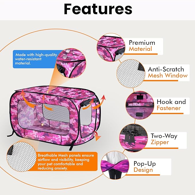 Beatrice Home Fashions Portable, Collapsible, Pop Up Kennel Travel Cat and Dog Crate, 24" L x 16.6" W x 16" H, Camo Pink