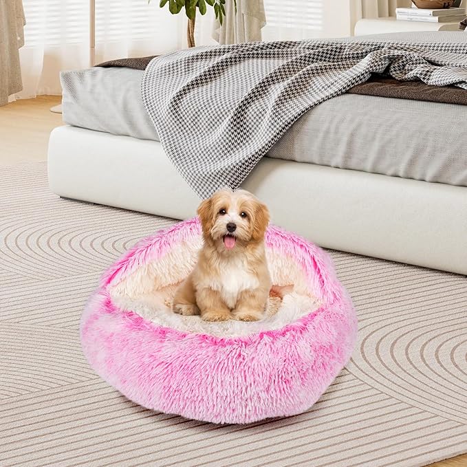 Cat Beds & Dog Bed with Cover Cave, Dog Beds for Small Dogs, Round Soft Plush Donut Calming Pet Bed for Indoor Cats or Small Dog, Washable Puppy Bed with Non-Slip Bottom-16inch