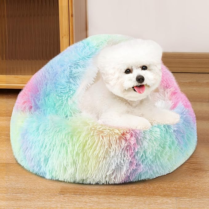 NOYAL Dog Bed Round Hooded Plush Cat Cave Donut Anti Anxiety Fluffy Dog Bed for Small Medium Dog and Cat