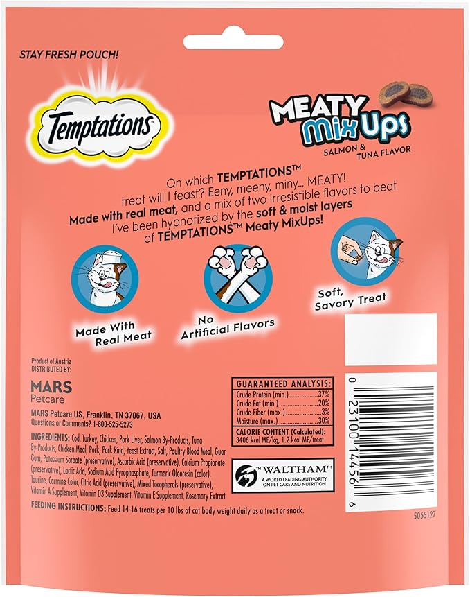 Temptations Meaty MixUps Savory Cat Treats, Salmon & Tuna Flavor, 4.12 oz. Pouch (Pack of 2)