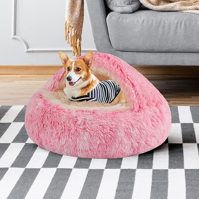 Round Hooded Cat Bed & Dog Bed with Cover Cave, Dog Bed for Small Dogs, Faux Fur Cuddler Round Coved Cat Bed Self Warming Donut Dog Bed Fits up to 5 lbs Pets (Pink, 16inch x 16inch)
